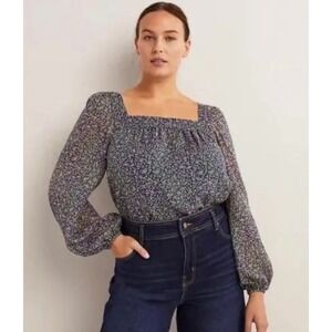 Boden Square Neck Floral Printed Peasant Top Navy Pink Size 4 Cottagecore